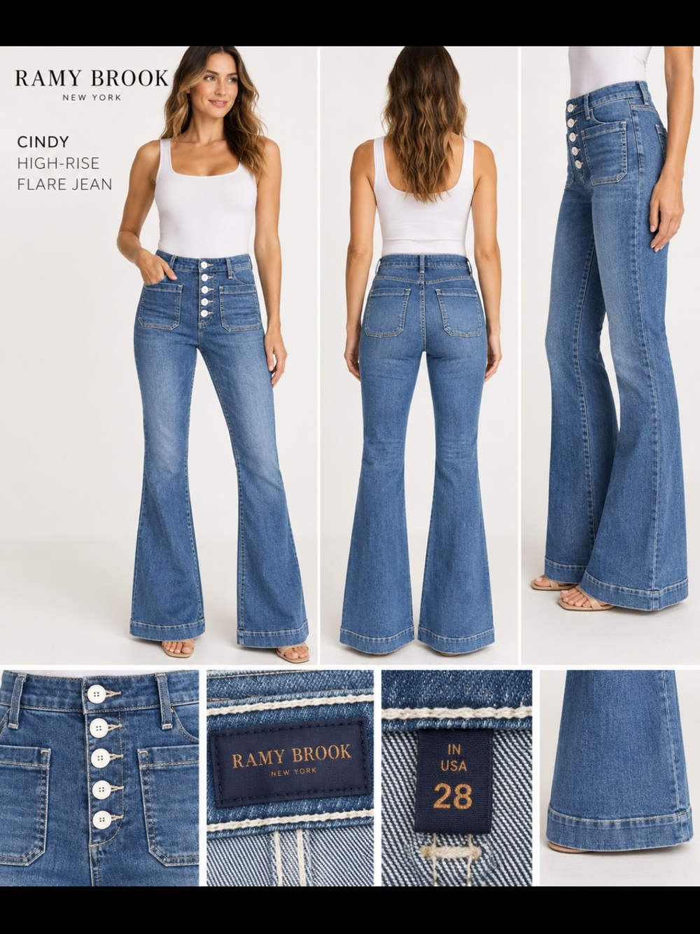 Ramy Brook Jeans Women’s 28 High Rise Flare Button Fly Patch Pocket